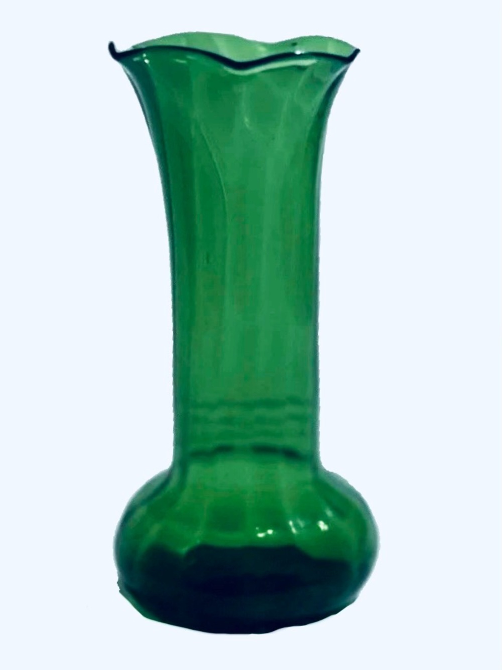 Vintage Green Art Glass Bud Vase 6” Hand Blown Scalloped Rim Mid Century MCM